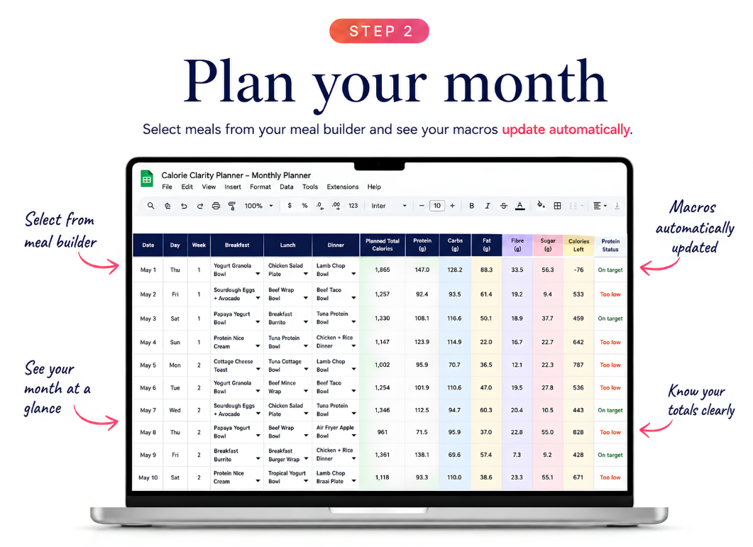 Step 2: Plan your month — meal builder with macros updating automatically