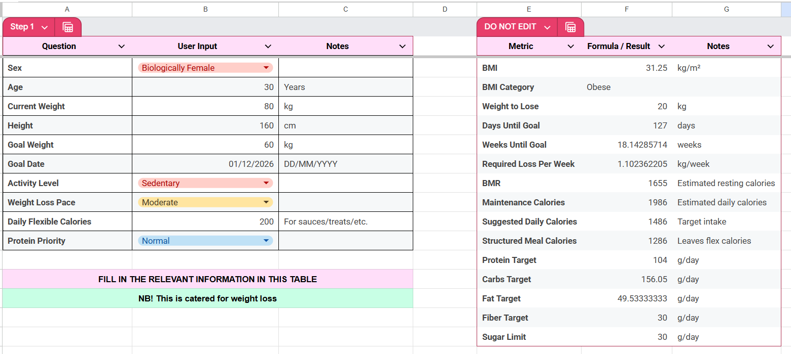 Real screenshot of the Calorie Clarity Planner — Home / Setup